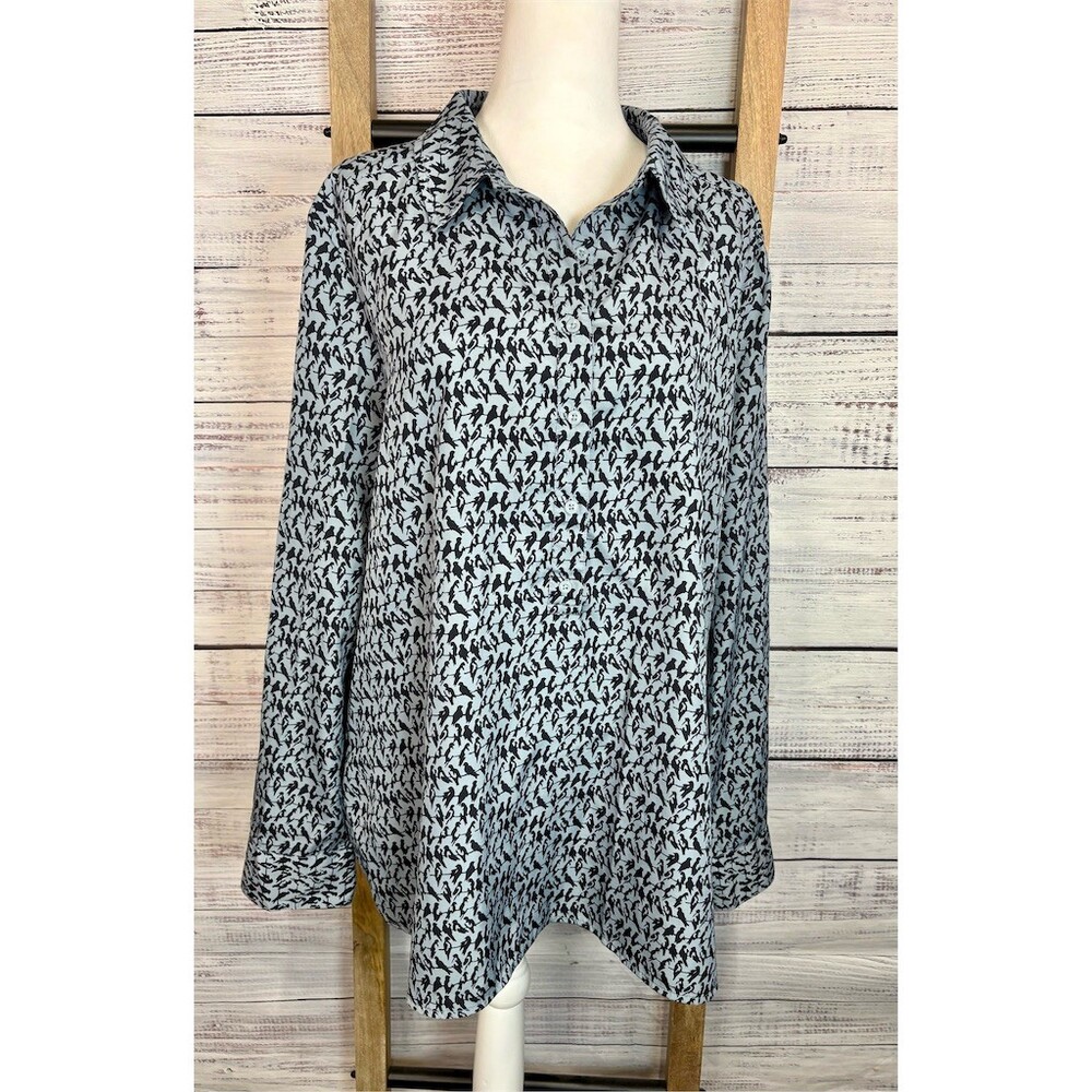 Ann Taylor Blouse Womens XL Light Blue & Black Bird  Partial Button Front